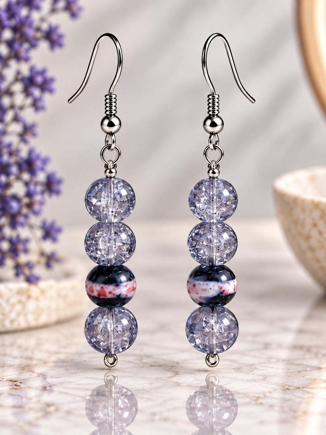 Blue/Red Cats-eye Crackle Glass Hook Earrings